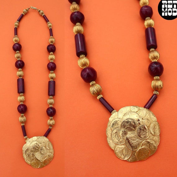 Lovely Vintage 70s 80s Maroon Stone & Gold Coin P… - image 1