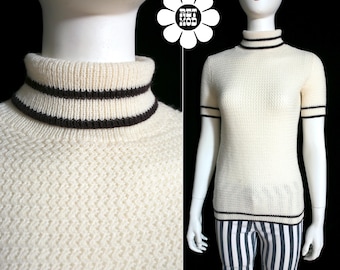 Blusa de gola alta de manga curta branca e marrom estilo Mod Vintage anos 60/70