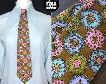 Mod Vintage 60s 70s Brown & Pastel Medallions Clip-On Tie