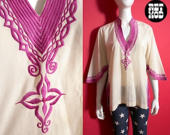 Fantastic Vintage 70s Fuchsia Purple Embroidered Hippie Blouse