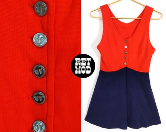 Adorable Vintage 60s 70s Red & Navy Color Block Mini Open Dress Top with Anchor Buttons