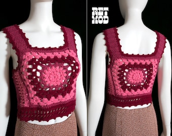 Iconic Vintage 70s Maroon & Pink Crochet Statement Vest Top