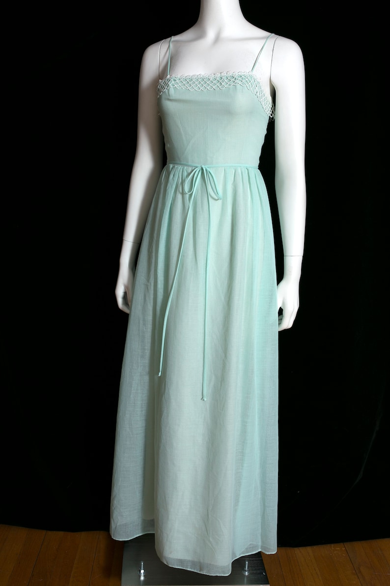 Lovely Vintage 70s Light Minty Green Cotton Maxi Dress with Pretty White Trim image 2