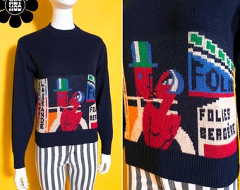 Incrível suéter vintage azul marinho dos anos 70/80 da Folies Bergère / La Grande com estampa francesa.