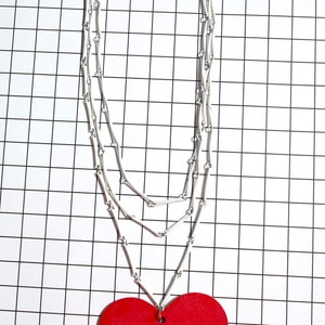 Groovy Vintage 60s 70s White Bar Chain Extra Long Necklace with Red Wood Heart Pendant image 8