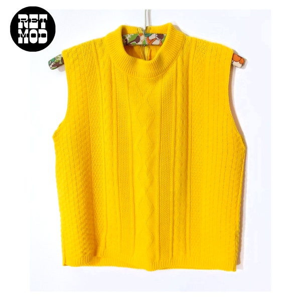 Cute Vintage 60s 70s Bright Yellow Cable Knit Sleeveless Top with Mockneck