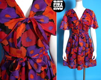 Insanely Beautiful 60s Red Orange Purple Black Flower Power Jane Gaugler Fit & Flare Dress