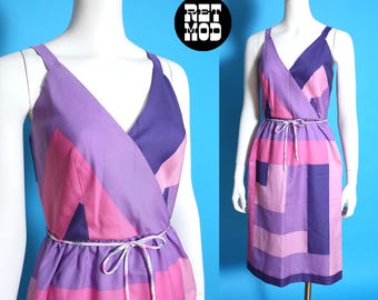 Lovely Vintage 60s 70s Pink Purple Geometric Palm Beach Style Sun Dress