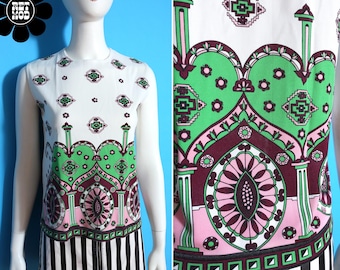 Graphic Vintage 60s 70s Green, Maroon, White & Pink Abstract Groovy Hearts Pattern Sleeveless Top by Miss Holly