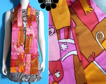 Groovy Vintage 60s 70s Pink Brown Orange Abstract Mod Patterned Long Statement Scarf