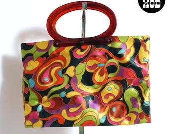 Vintage 60s 70s Psychedelic Swirly Convertible Snap Purse with Amber Plastic Handle