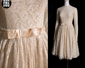 Pretty Vintage 50s 60s Off-White Lace Fit & Flare Long Sleeve Dress with Additional Under Skirt