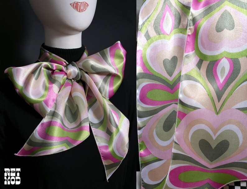 Shiny Satin Pastel Pink Green Hearts Retro Style Long Scarf image 1