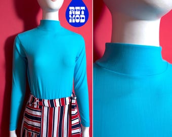 Blusa elástica vintage dos anos 70 e 80, azul turquesa, manga comprida, gola falsa