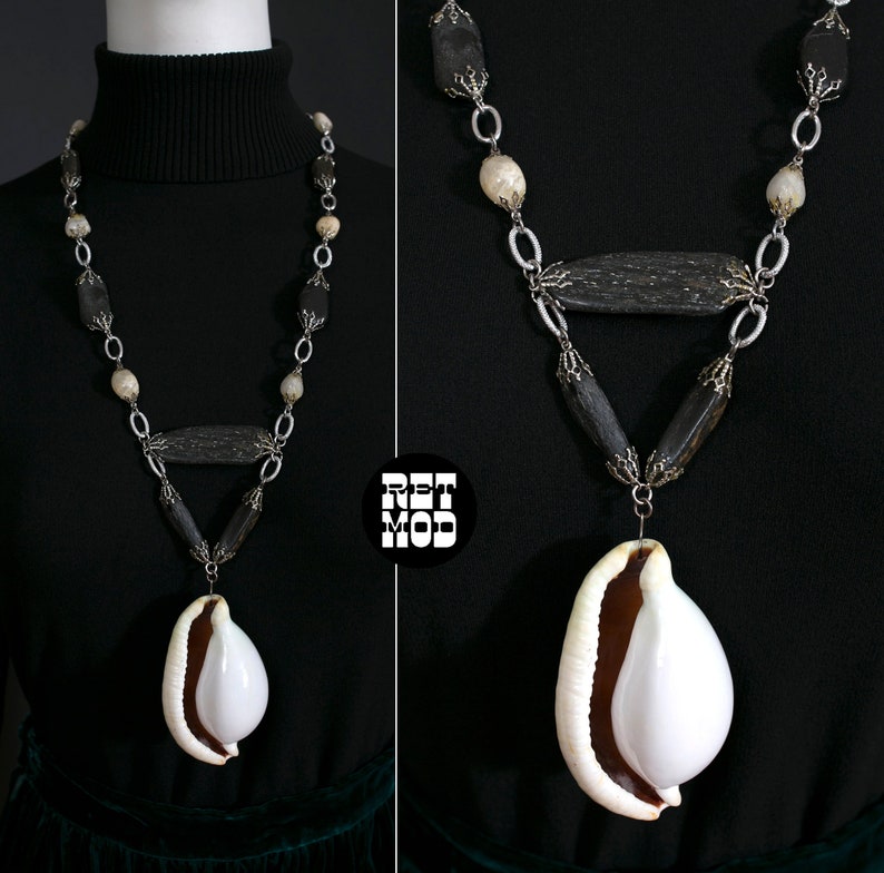 Super Unique Vintage 70s Giant Seashell Pendant Necklace with Petrified Black Style Stones image 1