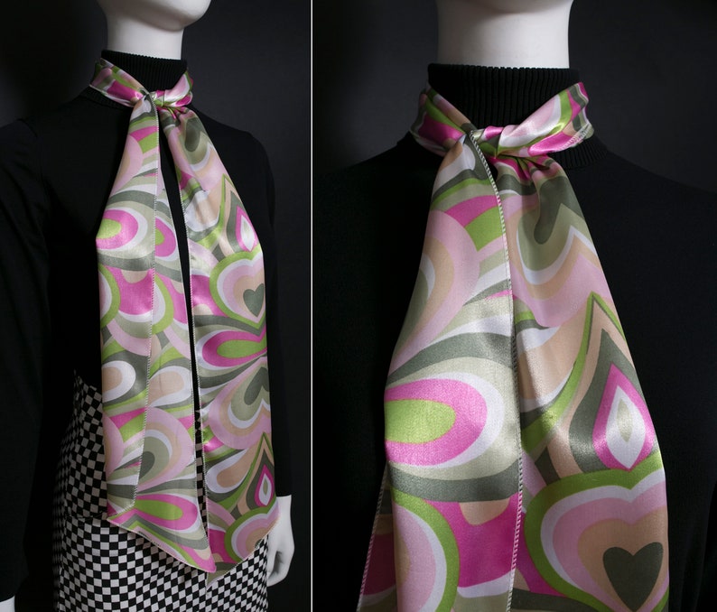 Shiny Satin Pastel Pink Green Hearts Retro Style Long Scarf image 7