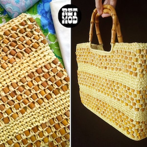 Tote Casual Vintage 60s 70s Amarillo Claro con Cuentas de Madera de Bambú