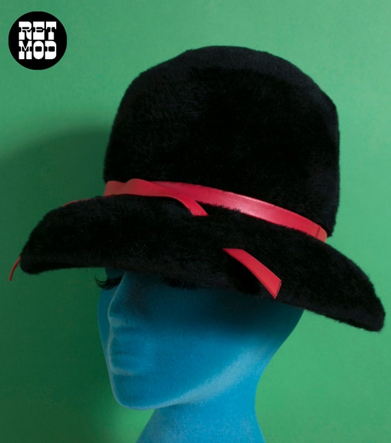 Mod Vintage 60s 70s Black Fur Bucket Hat with Red… - image 9