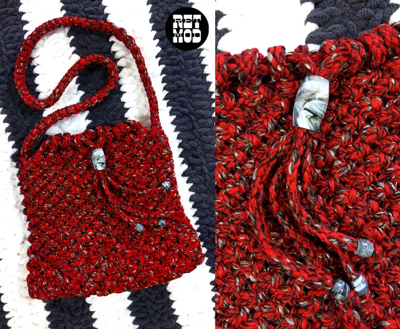 Unique Vintage 70s Red Black Macrame Boho Handbag image 1