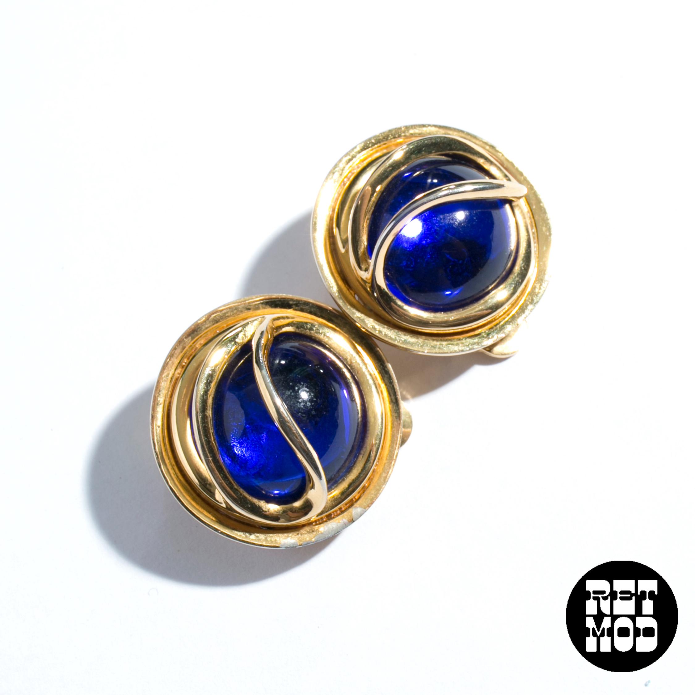 Boucles D’oreilles Clips Vintage – Bouton Bleu Nacré – Sans Marque – Bon état