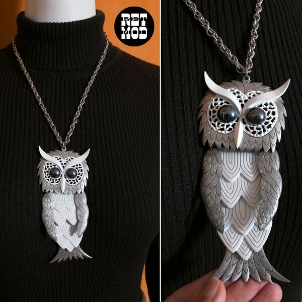 Sassy Grand Hibou Articulé vintage années 70 Blanc & Argent Déclaration Collier