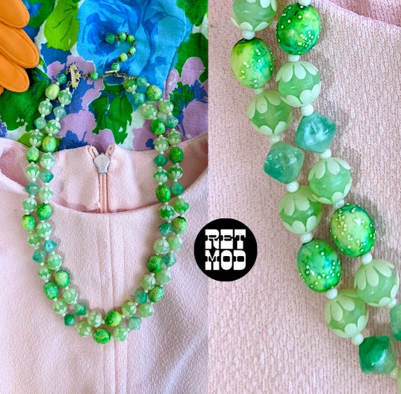 Lovely Vintage 50s 60s Green Beaded 2-Strand Neck… - image 1