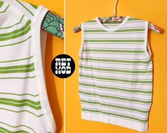 Iconic Mod Vintage 60s 70s Light Green & Off-White Stripe Nylon Sleeveless Top by Danskin