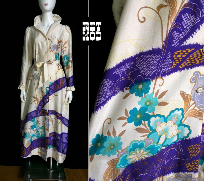 Lovely Tori Richard Vintage 60s 70s Cream-Colored, Purple, Blue Floral Maxi Dress image 1