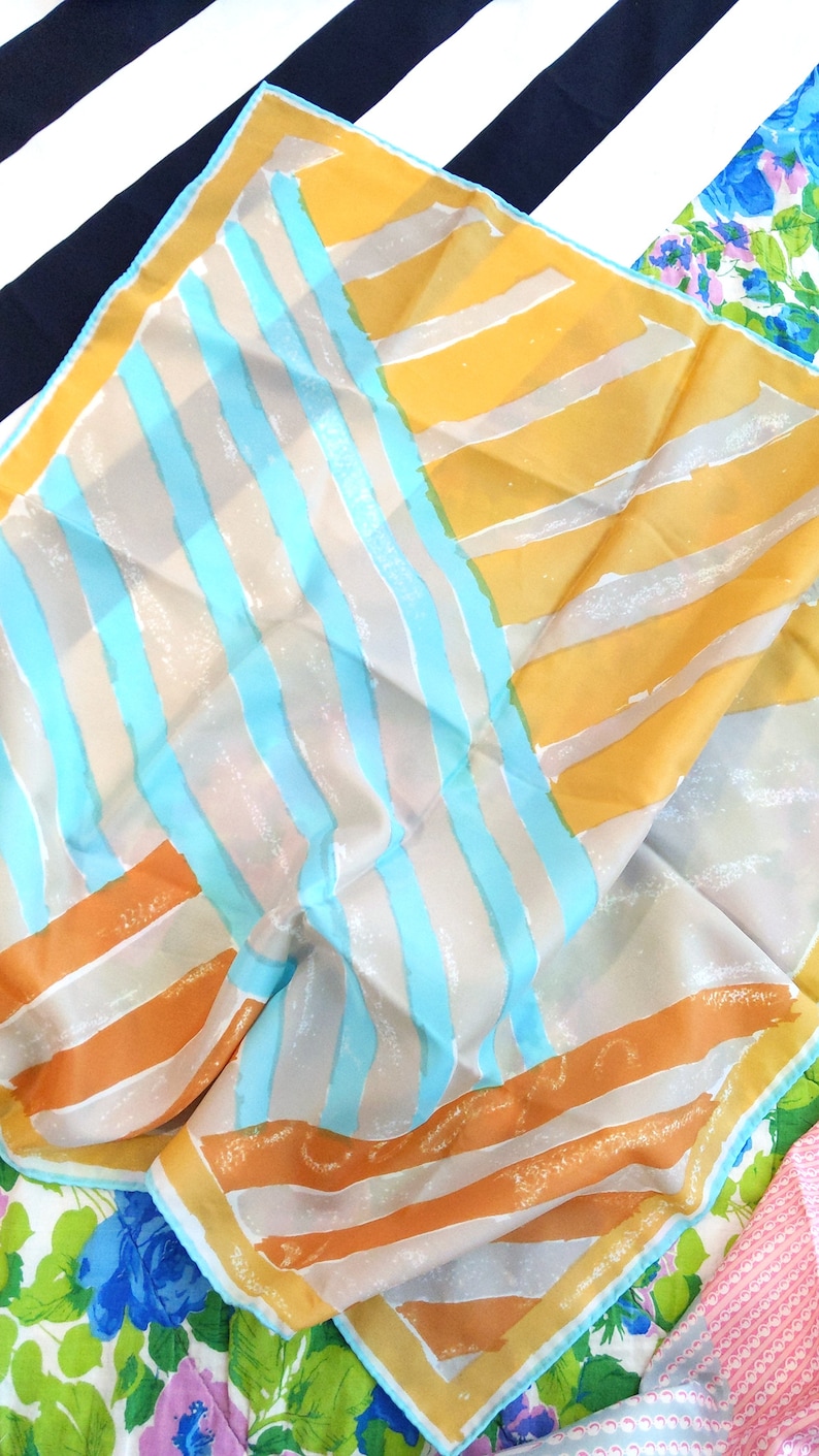 Fabulous Vera Neumann Vintage 60s 70s Pastel Orange Yellow Turquoise Abstract Lines Square Scarf image 5