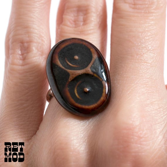 Unique 70s Brown Two Dots Ceramic Adjustable Ring - image 2