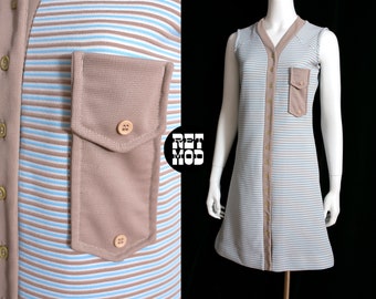 Cute Vintage 60s 70s Pastel Blue & Beige Stripe Sleeveless Mod Dress with Pocket