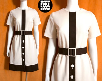 Iconic Mod Vintage 60s 70s Cream & Brown Mondrian Style Dress