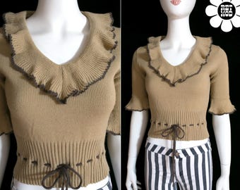 Cute Vintage 70s Light Brown Ruffled Short Sleeve Sweater Top