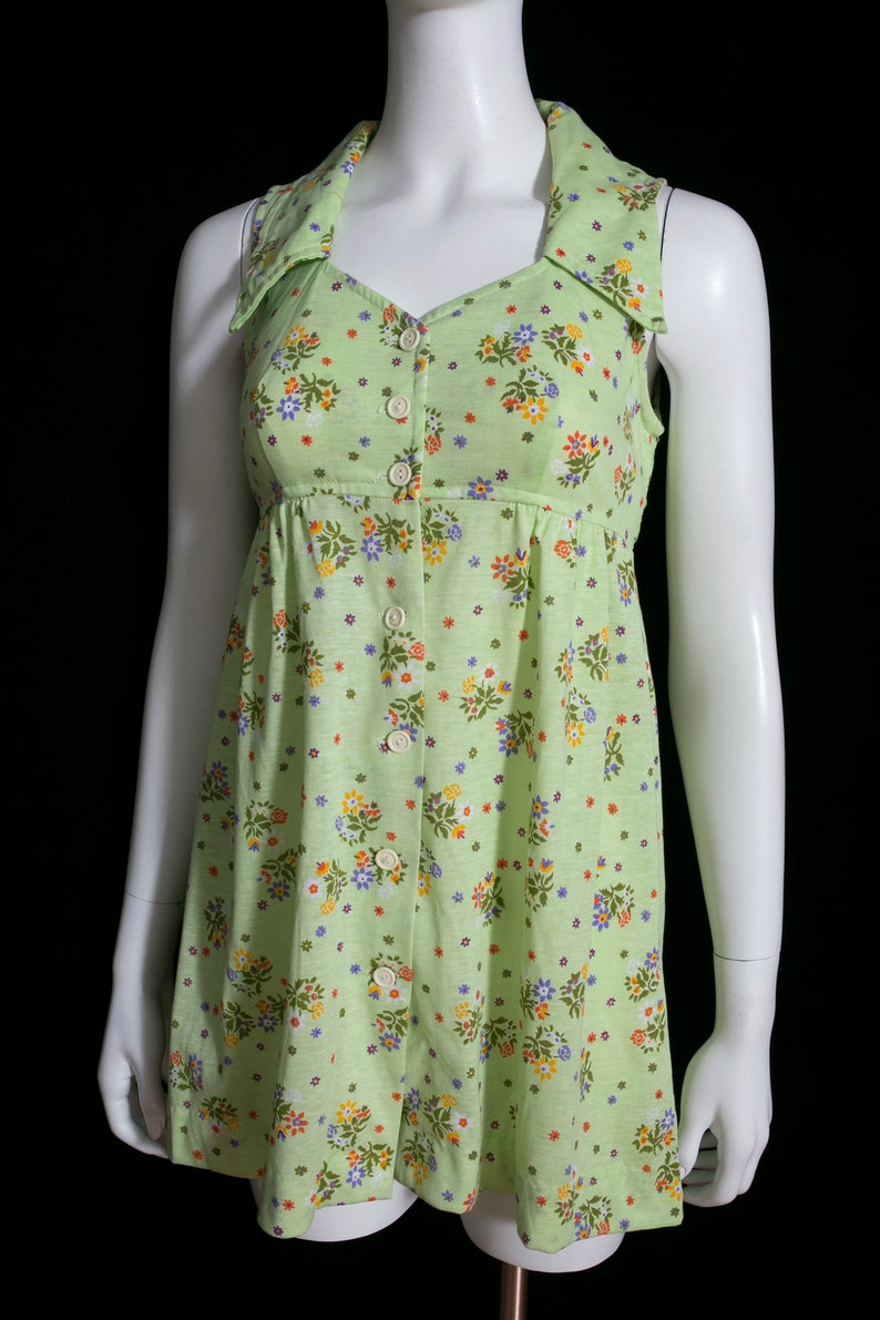 Fantastic Vintage 60s 70s Pastel Green Floral Mini Dress with Large Collar by Byer California image 6
