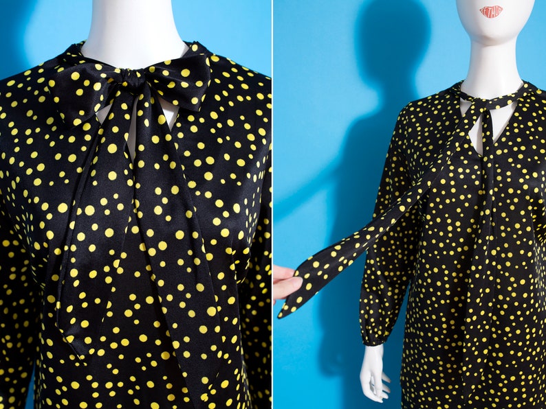 Slinky & Cool Vintage 60s 70s Black and Yellow Polka Dot 2-Piece Set of Pants and Tunic Top with Pussybow image 10