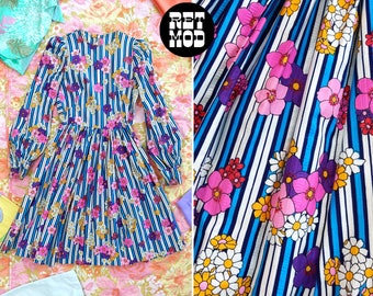 Super Cute Vintage 60s 70s Dolly Dress with Blue Stripes & Flowers