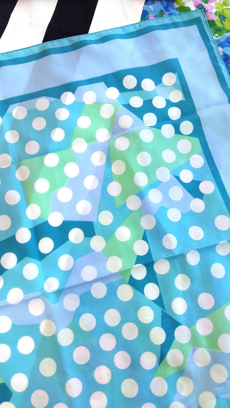 Cute Vintage 70s Pastel Blue & Green Polka Dot Triangles Square Scarf image 3