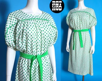 Cute Vintage 70s Green & White Polka Dot Open Sleeve Fit and Flare Dress