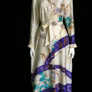Lovely Tori Richard Vintage 60s 70s Cream-Colored, Purple, Blue Floral Maxi Dress image 2