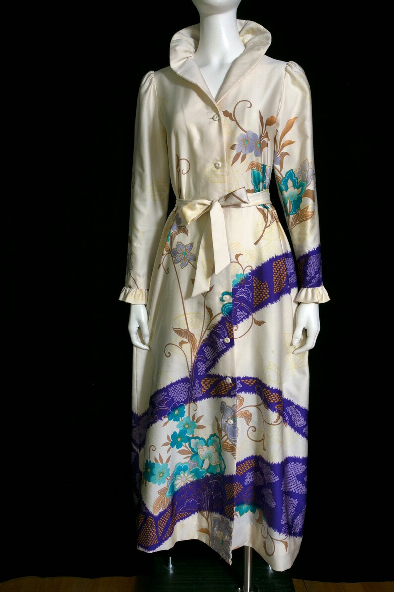 Lovely Tori Richard Vintage 60s 70s Cream-Colored, Purple, Blue Floral Maxi Dress image 2