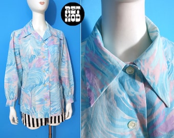 Pretty Vintage 70s Pastel Blue Purple Pink Abstract Feather Swirls Novelty Print Long Sleeve Dagger Collared Button Down Shirt