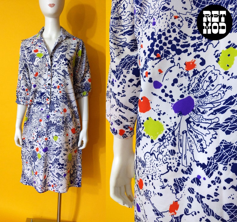 Interesting Vintage 60s 70s Blue White Abstract Pattern Shirt Dress by Shapely Classic image 1