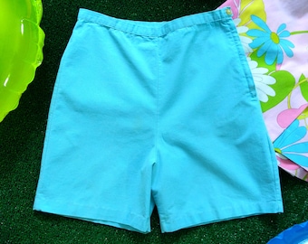 Easy Breezy Chic Vintage 50s 60s Light Turquoise Blue High-Waisted Cotton Shorts