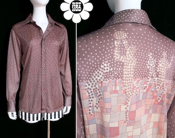 Insane Starry Basketball Players Novelty Print 70s Long Sleeve Collared Shirt