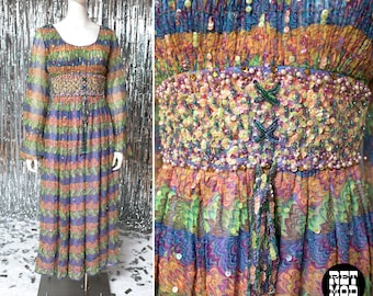 MAGICAL RARE Vintage 70s Boho Beaded Rainbow Dress with Rhinestones & Sequins by Valentina