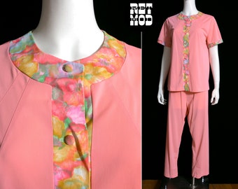 So Cute Vintage 60s 70s Bright Light Coral Peach Nylon Pajama Set with Flower Power Trim