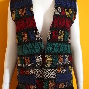 Nice Vintage 70s Black Rainbow Colorful Critters Woven Guatemalan Vest with Fringe image 2