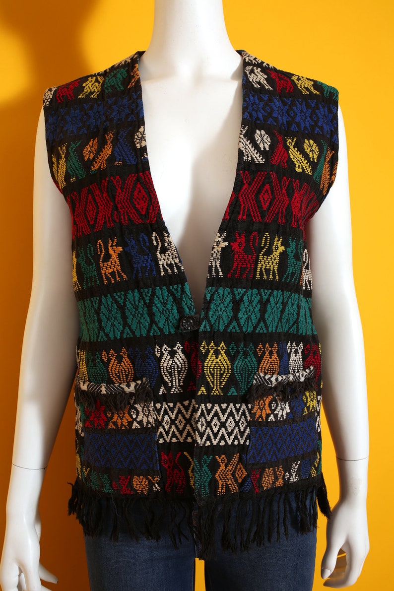 Nice Vintage 70s Black Rainbow Colorful Critters Woven Guatemalan Vest with Fringe image 2