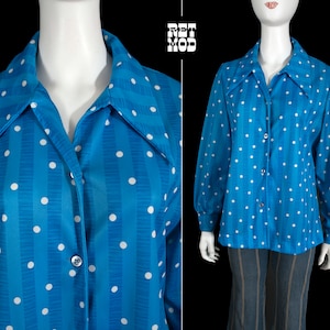 Pop Art Vintage 70s Blue & White Polka Dot Long Sleeve Collared Button Down Shirt PLUS SIZE image 1