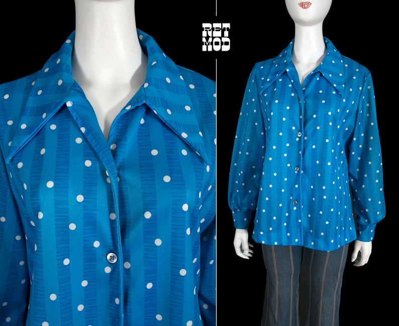 Pop Art Vintage 70s Blue & White Polka Dot Long Sleeve Collared Button Down Shirt PLUS SIZE image 1